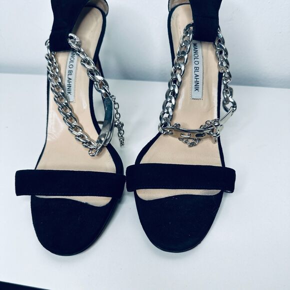 Manolo Blahnik “Chaos” Black Suede Wrap Silver Ankle Chain - Picture 3 of 12